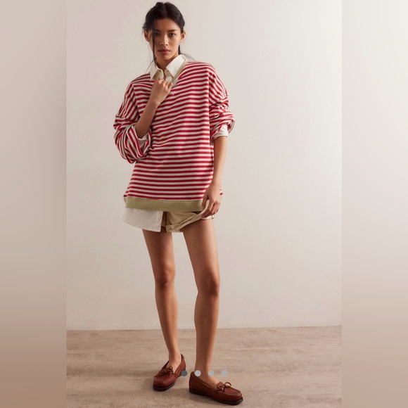 Closeout!▪️Free People Oversized Striped Pullover Sweatshirt in Cherry Combo - Picture 7 of 9